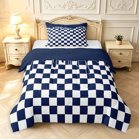 Manfei Checkered Art Twin Comforter Sets,Geometric Plaid Bedding Set,Navy White,Navy Blue Reversible,2-Piece,1 Comforter and 1 Pillowcase,2-Piece,1 Comforter and 1 Pillowcase