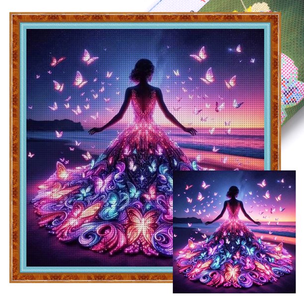 Hilo algodón ecológico bordado 11CT 3 hebras impresión 45*45cm falda mariposa playa kit serie personajes punto cruz para niña Likrtyny
