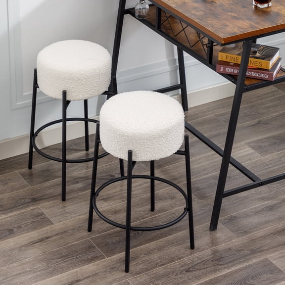 ONEVOG 26.7'' Swivel Boucle Counter Bar Stools Set of 2, Backless Counter Height Round Bar Stools with Metal Legs for Kitchen Island, White