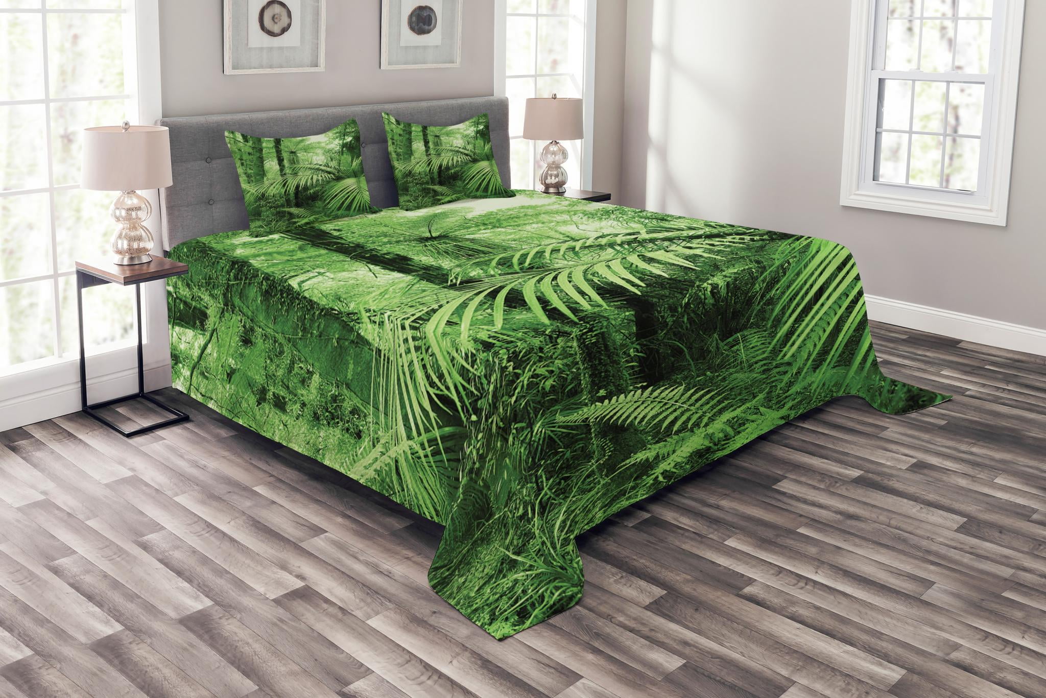 Rainforest Bedspread Set Queen Size, Palm Trees and Exotic Plants in