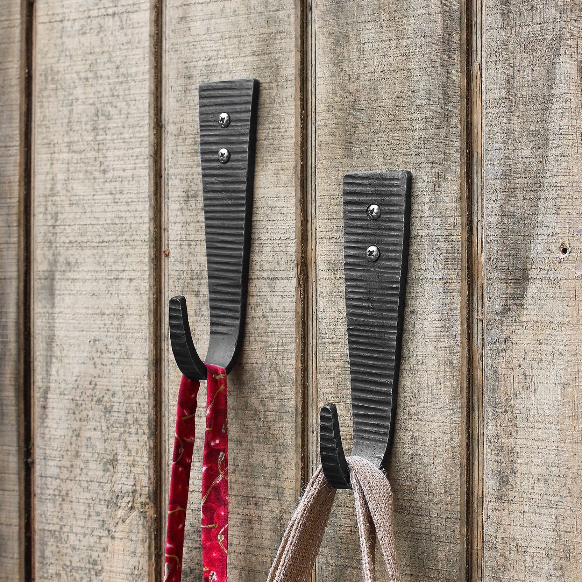 Achla Designs Set of 2 Hammered Strap Upturned Wall J-Hooks, 6.5 Inch Tall, Black Powder Coat Finish