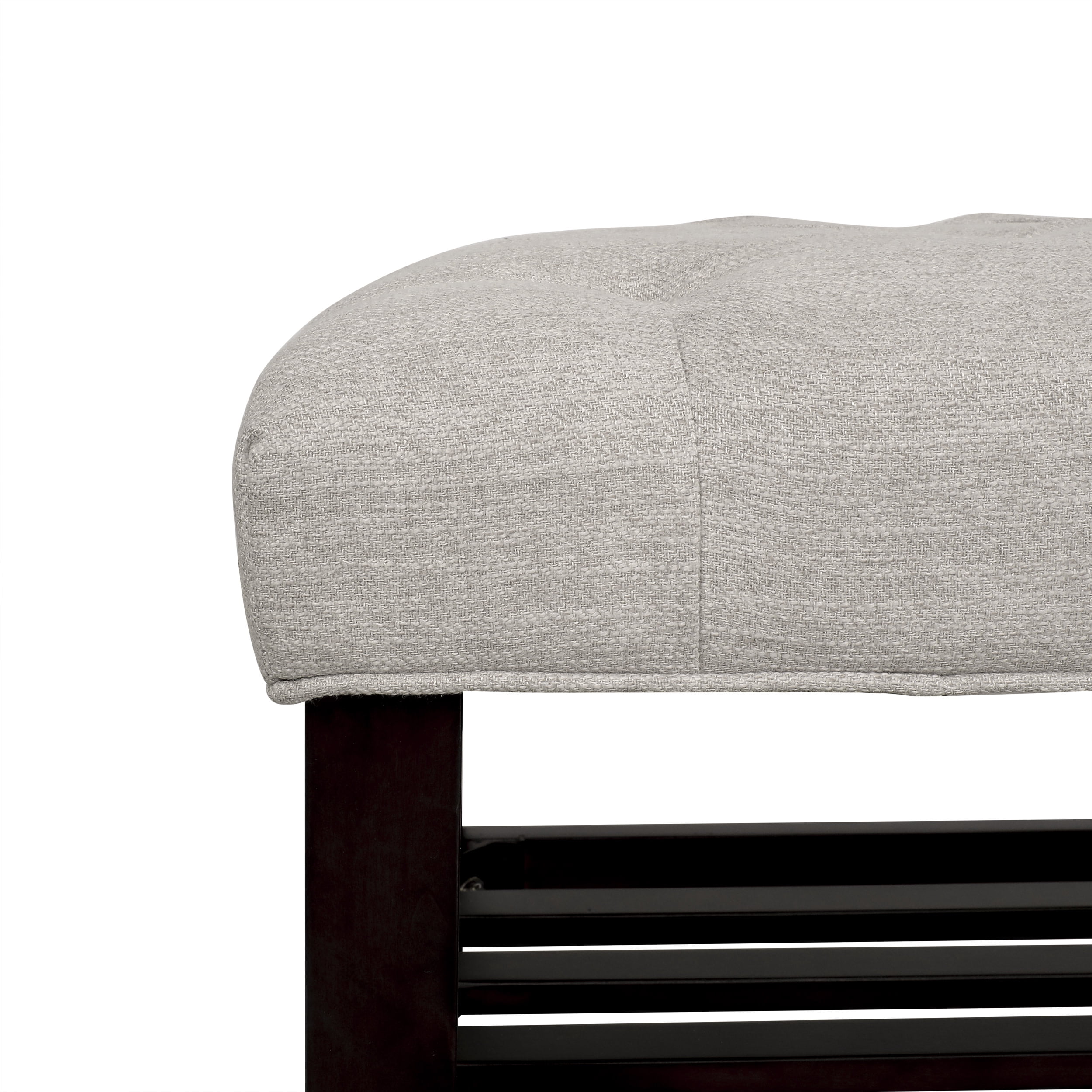 Noble House Wichita Fabric Button Tufted 18.25 inch Bench with Shelf, Beige and Dark Walnut