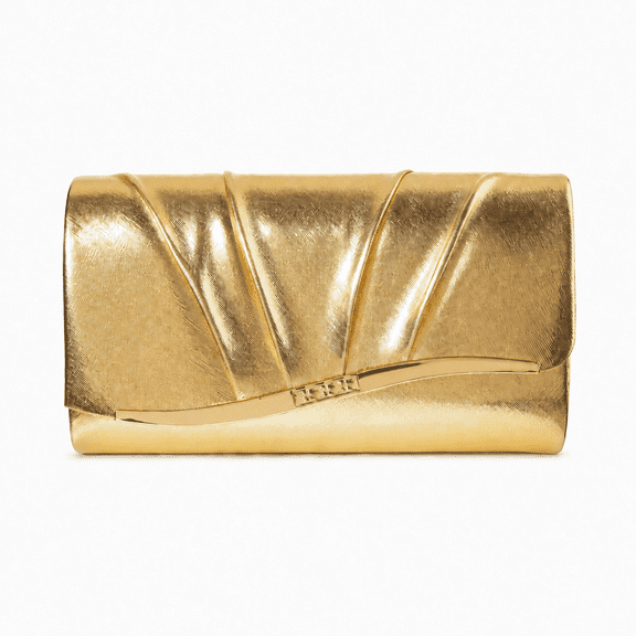 REMANLAND Women's Metallic Envelope Evening Clutch with Pleated Flap and Curved Accent, Gold