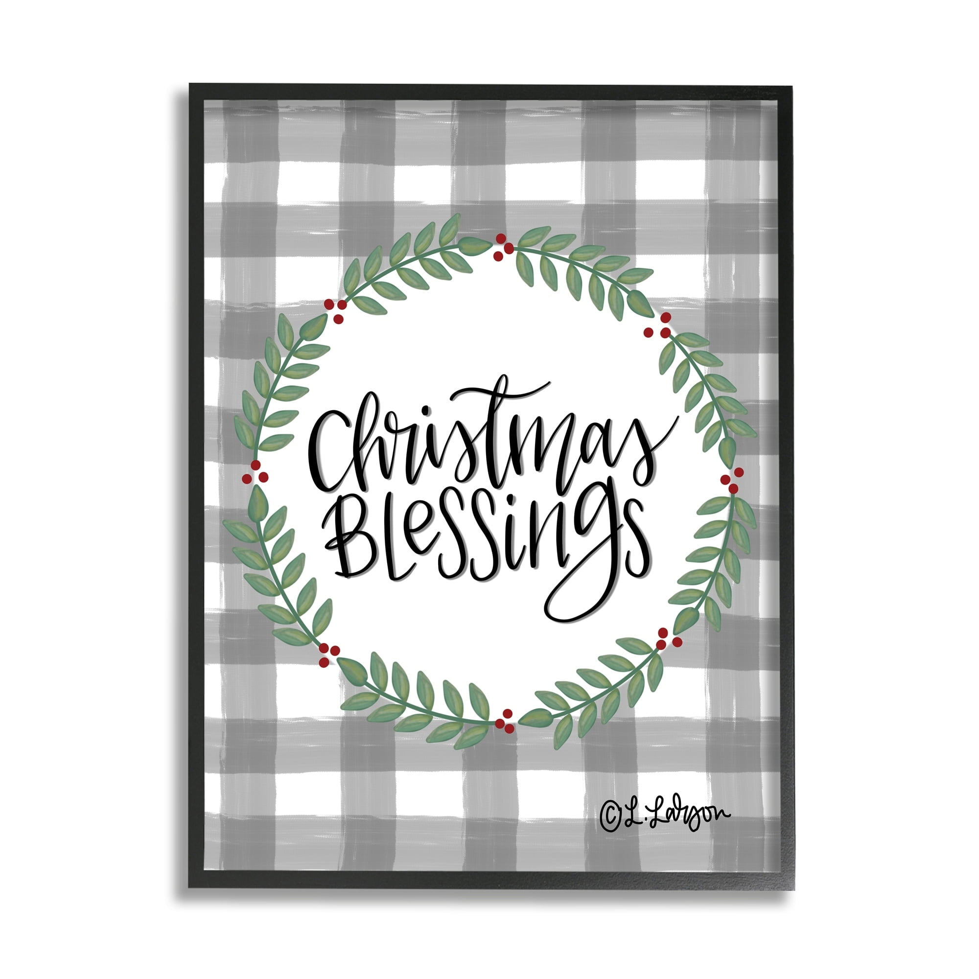 Christmas Blessings Calligraphy Tartan Holly Sprigs Border Inspirational Graphic Art Framed Art Print Wall Art