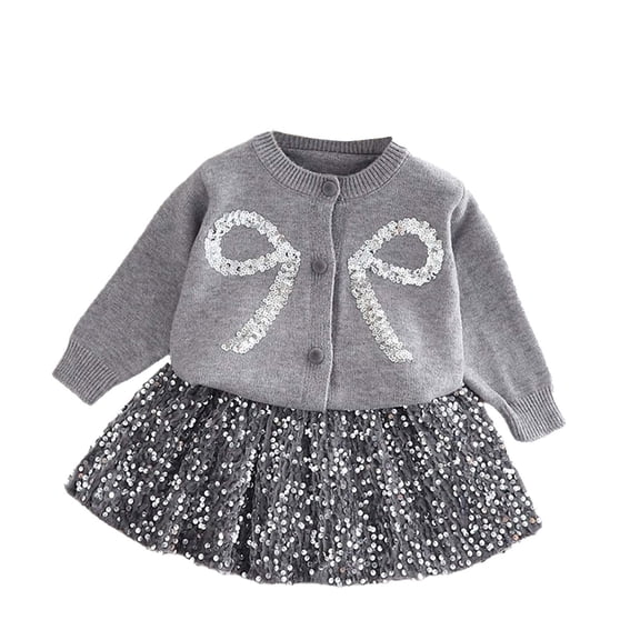 SERTG Girls Sequined Bow Knit Top and Skirt Set Long Sleeve Round Neck Kids Casual Fall Winter Two-Piece Outfit(Gray,3-4 Years)