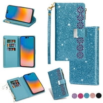 Mantto Women Case for Samsung Galaxy A03s Wallet Case, Multifunctional 9 Card Slots Bling Zipper Purse Pocket Glitter Leather Magnetic Flip Kickstand Wrist Strap Case, Skyblue