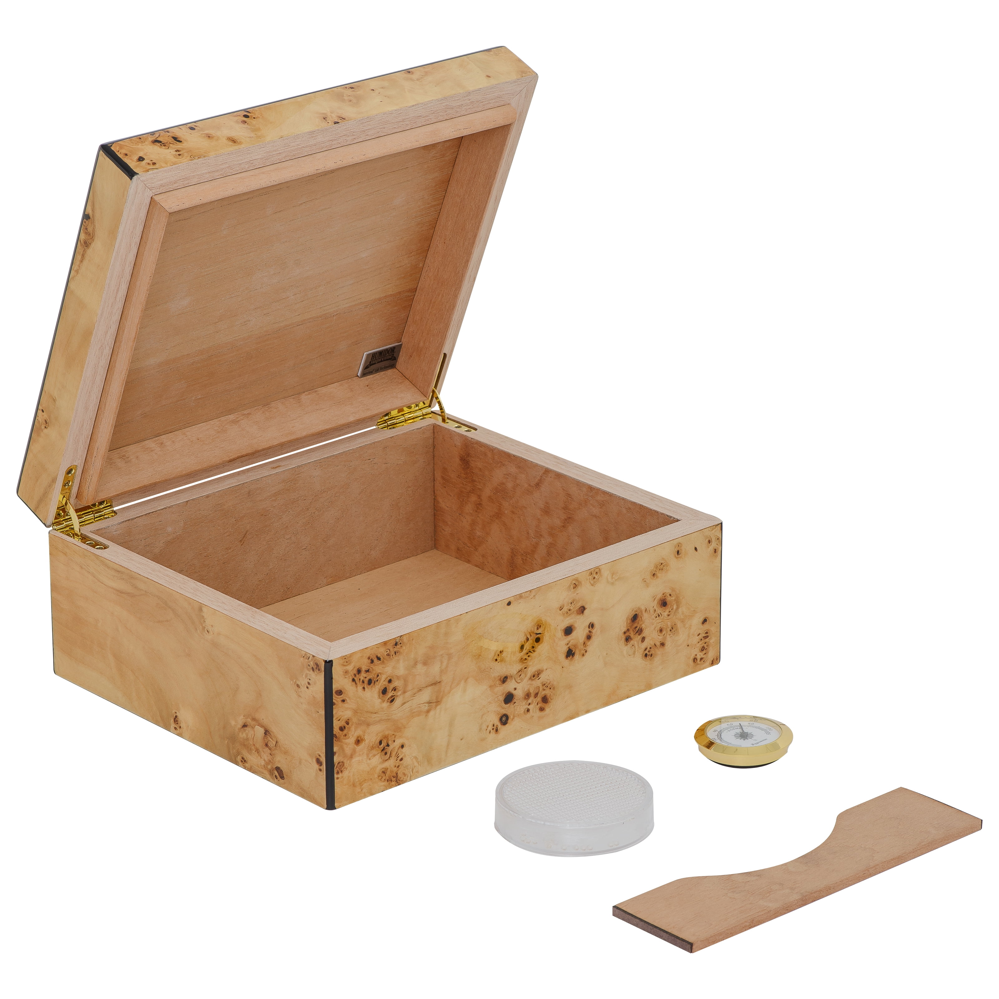Humidor Supreme Flanders Desktop Cigar Storage Mapa Burl Wood and Decorative Inlay Glass Hygrometer Crystal Humidifier Spanish Cedar Lined, Holds 30-55 Cigars