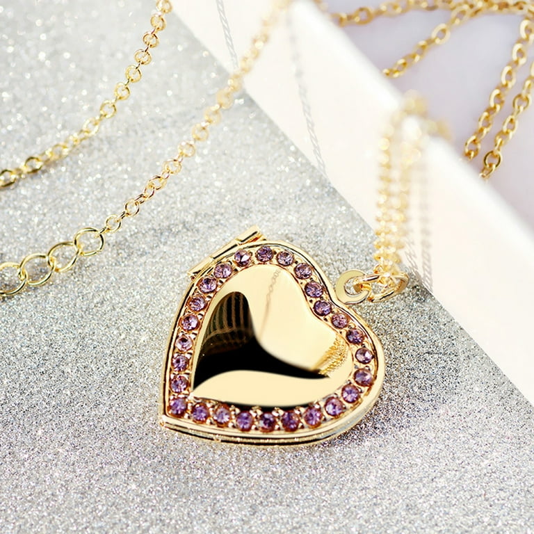 Ludlz Women Rhinestone Heart Photo Frame Locket Necklace Clavicle Chain Jewelry Gift