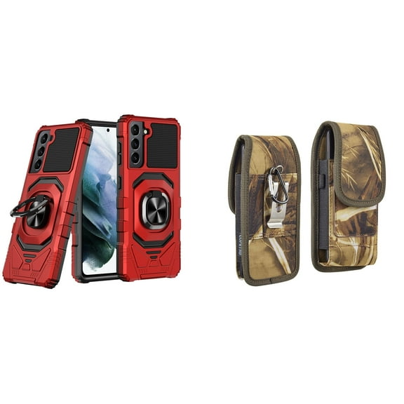 Case with Belt Holster Bundle for Samsung Galaxy S22: Heavy Duty Shield Cover (Red) and Vertical Rugged Nylon Phone Pouch (Camo)