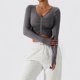 thumbnail image 4 of Top de entrenamiento fruncido frontal Cuello en V Color puro Manga larga Slim Fit Casual Camiseta transpirable Gris 8/S, 4 of 7