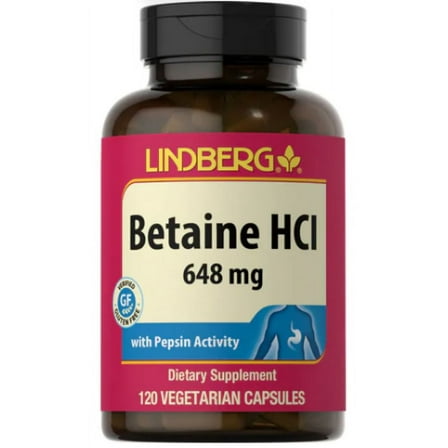Betaine HCL with Pepsin 648mg | 120 Capsules for Men and Women | by Lindberg