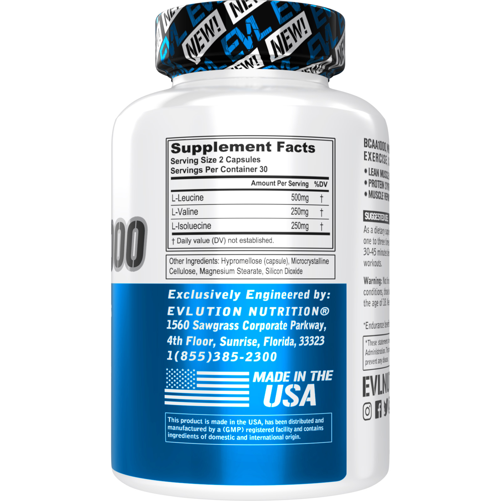 BCAAs Amino Acids Supplement for Men - EVL 2:1:1 5g BCAA Capsules for Post Workout Recovery and Lean Muscle Builder for Men - BCAA1000 Branched Chain Amino Acids Nutritional Supplement - 30 Servings
