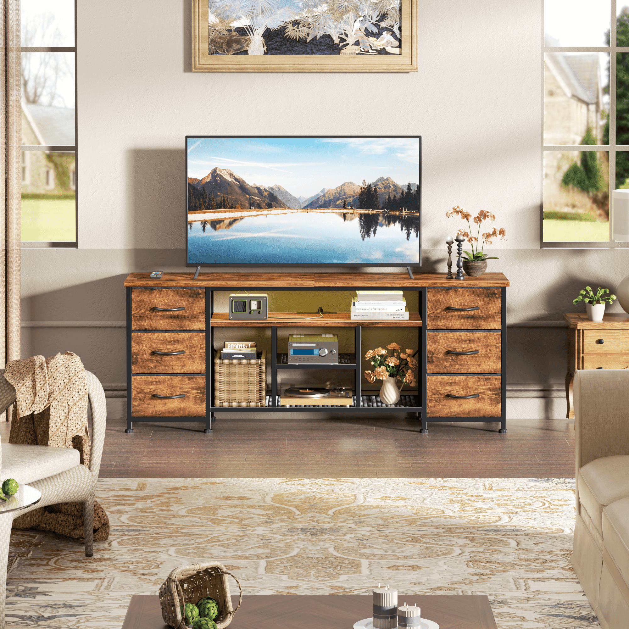 Tydimor Modern TV Stand for TVs up to 60", LED Entertainment Center with Power Outlets and 6 Drawers, Media Console with Storage for Living Room, Rustic Brown