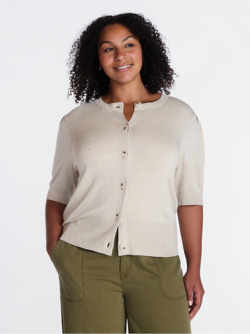 Time and Tru Women's Crewneck Cardigan with Short Sleeves