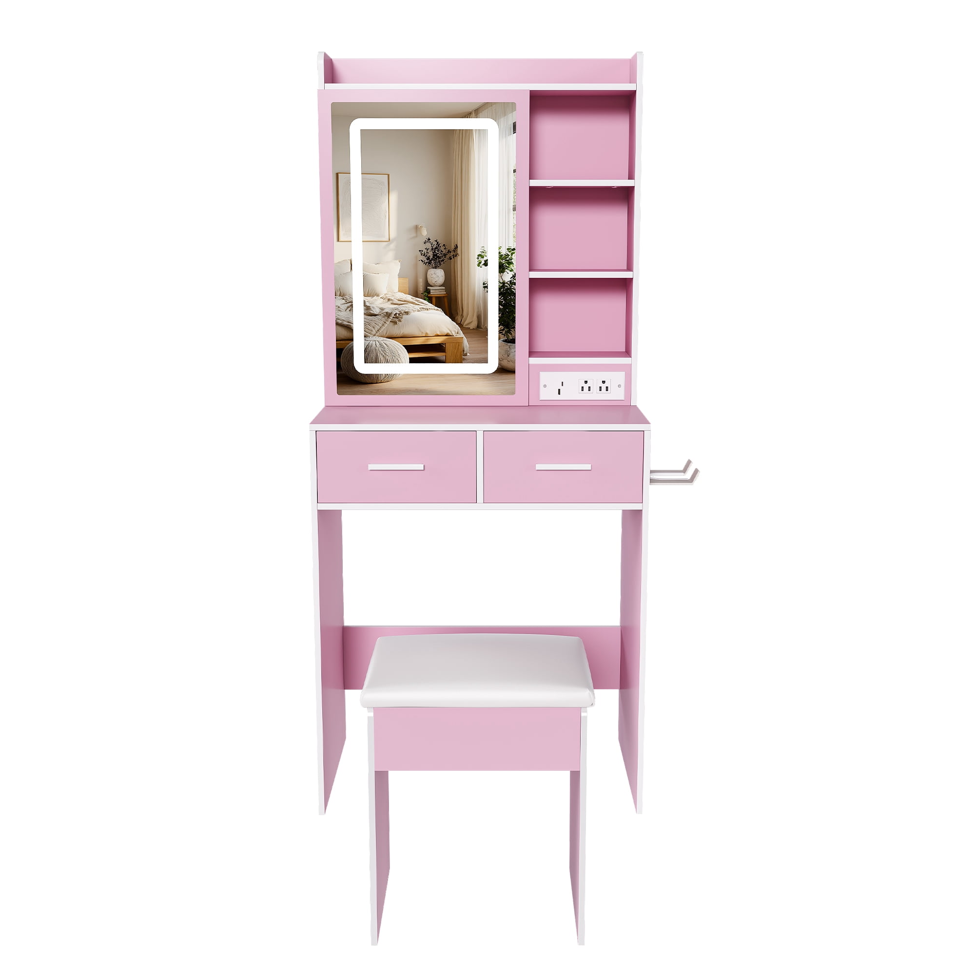 Mintazer Vanity Desk with LED Lighted Mirror, Power Outlets & Cushioned Stool, Makeup Vanity Table with Drawers & Storage Shelves for Girls Bedroom, Pink