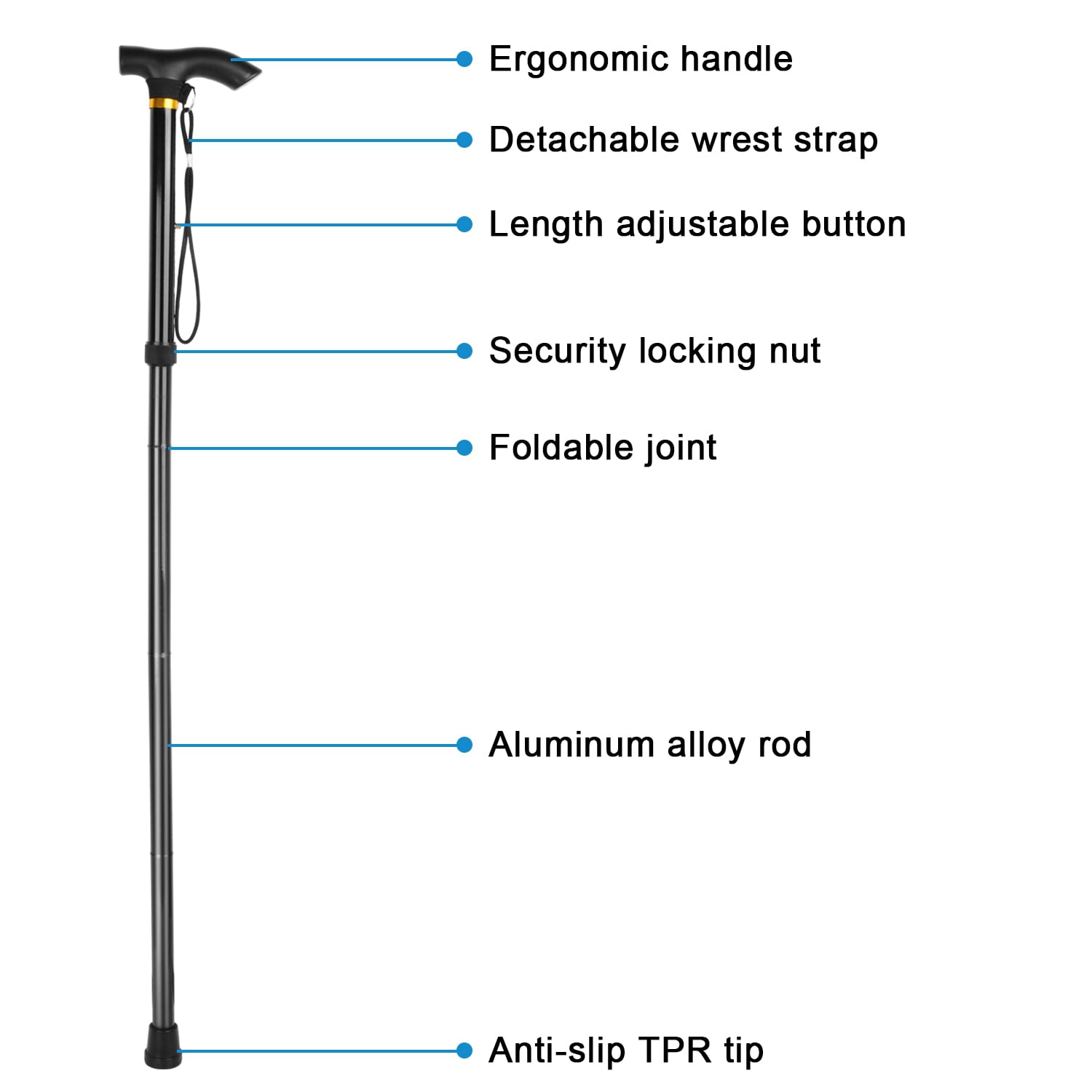 Folding Trekking Hiking Pole, Collapsible Cane Adjustable Travel Walking Stick Portable Mobility Aid for Women Men Hikers Gift, Black