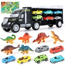 Super Joy Dino Transport Truck Toy - 6 Dinosaurs & 6 Cars with Play Mat - Gift for Boys Girls 3-12 Years Birthday Christmas