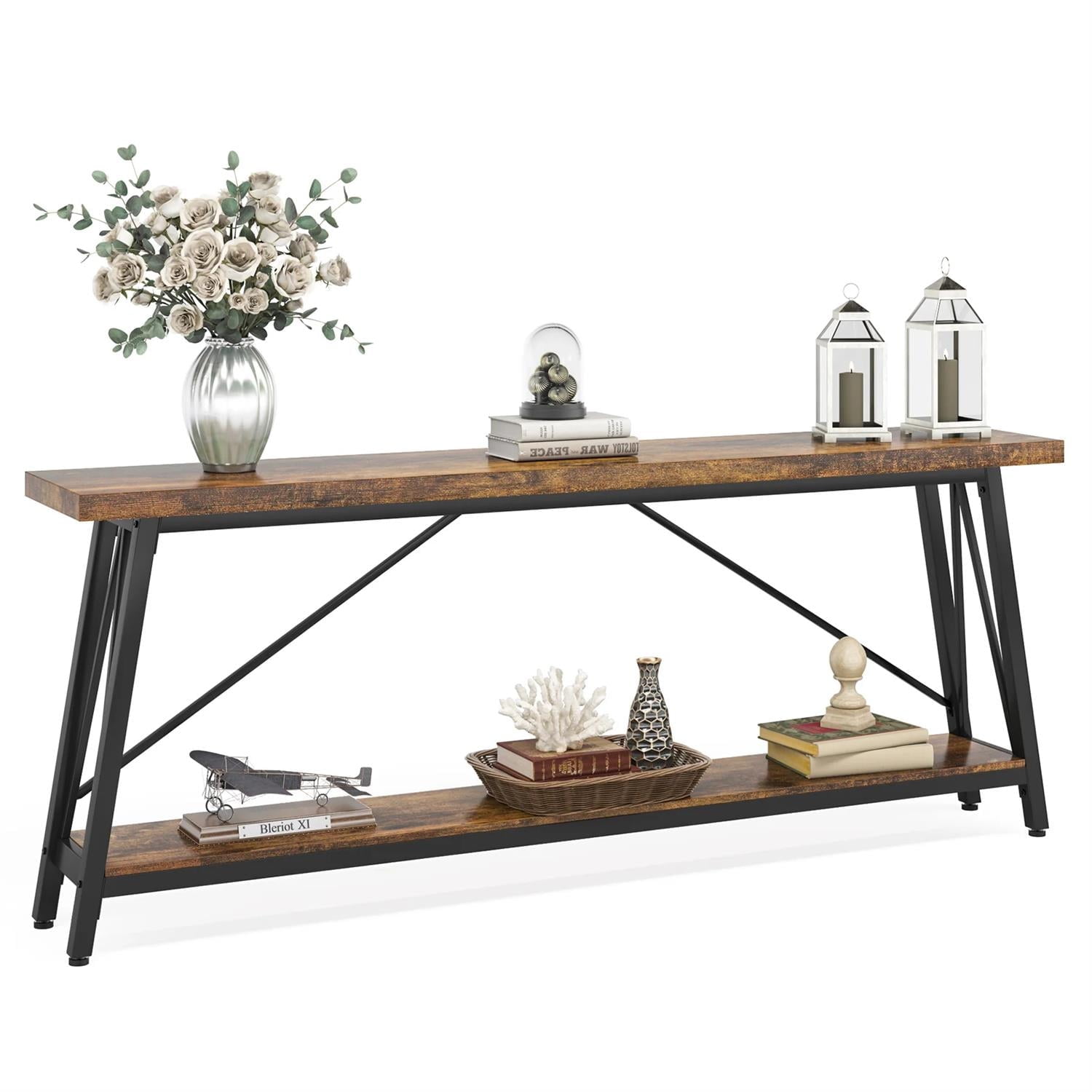 Demi Bonn 70.9" Console Table, Rustic Vintage Narrow Sofa Table for Entryway, Living Room, Hallway, Brown & Black