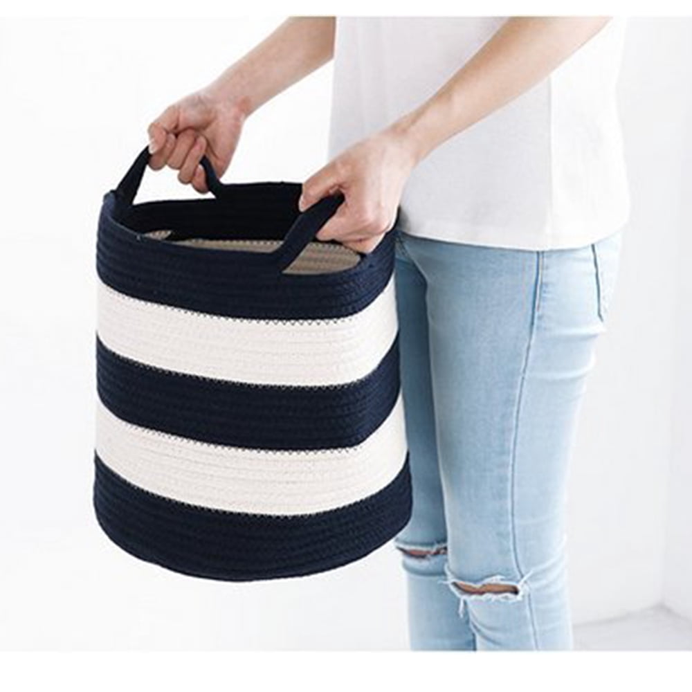 A*Homeist Medium Size Cotton Rope Storage Baskets Baby Laundry Hamper with Handles,  12.2x11.8",  Navy Blue and White