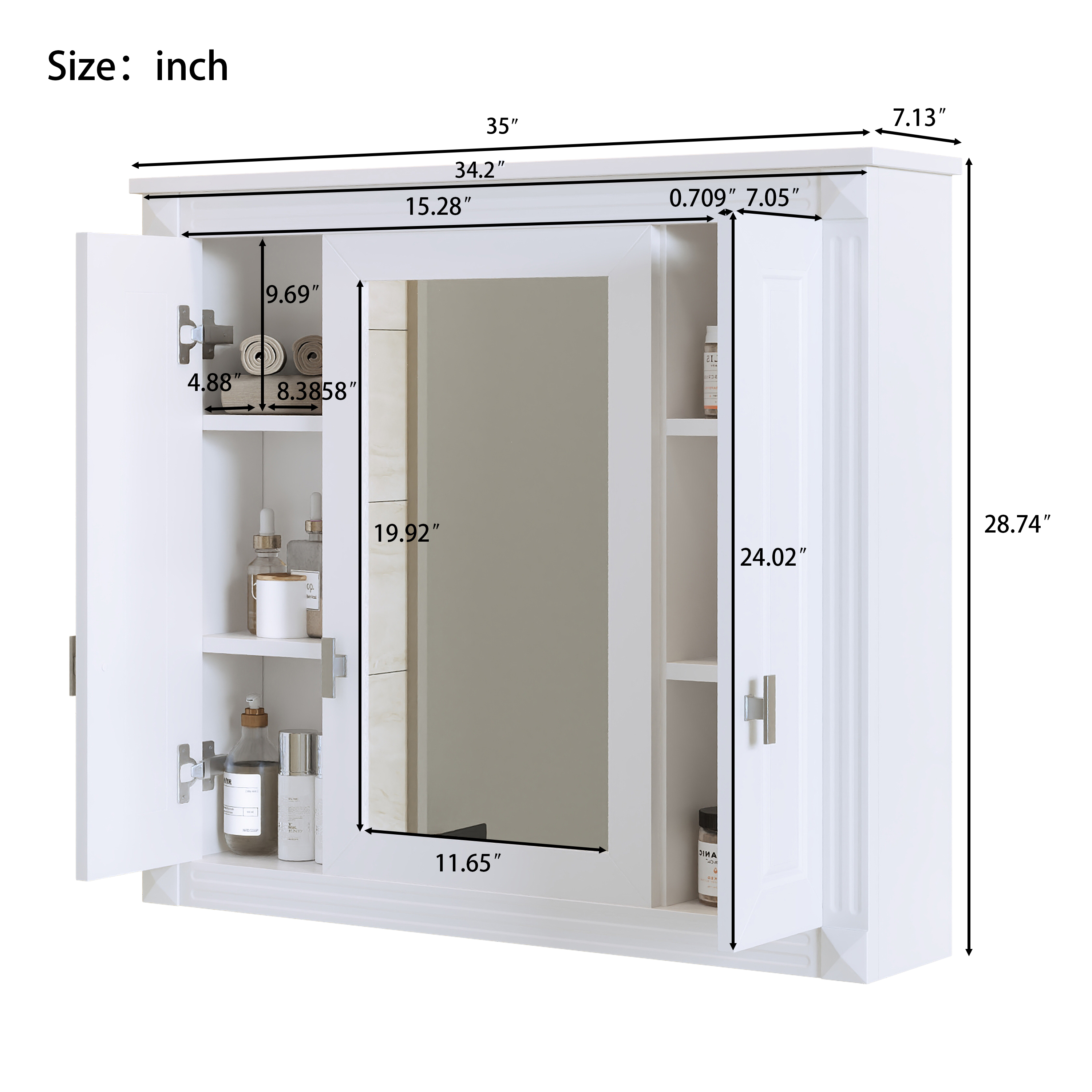 Euroco Bathroom Wall Cabinet with Mirror, Wall Mounted Medicine Cabinet with 4 Shelves, Mirrored Door Over Toilet Storage Cabinet, White