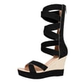 thumbnail image 5 of Knee High Strappy Wedge Sandal for Women with Back Zipper Open Toe Elastic Strap Platform Heels Walking Shoes Black Size 7, 5 of 6
