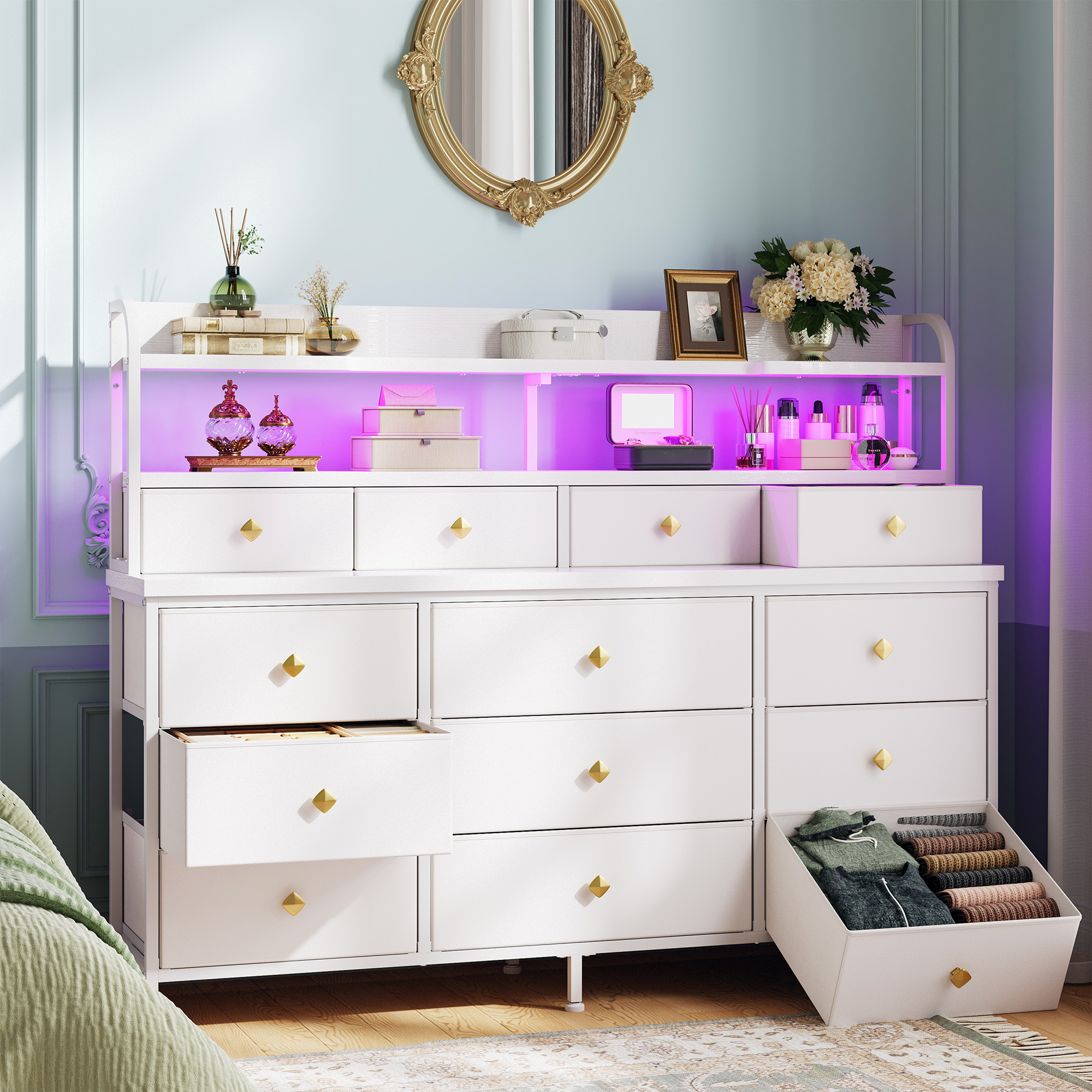 White Dresser for Bedroom Long Dresser with 13 Fabric Drawers and Shelves for Closet Dresser with LED Light