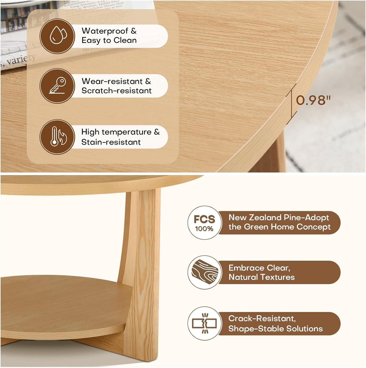 Foreate 31.5" Round Coffee Table with Solid Wood Pine Legs, 2-Tier Retro Round Coffee Table with Storage Shelf, Small Modern Wood Circle Center Table for Living Room, Natural