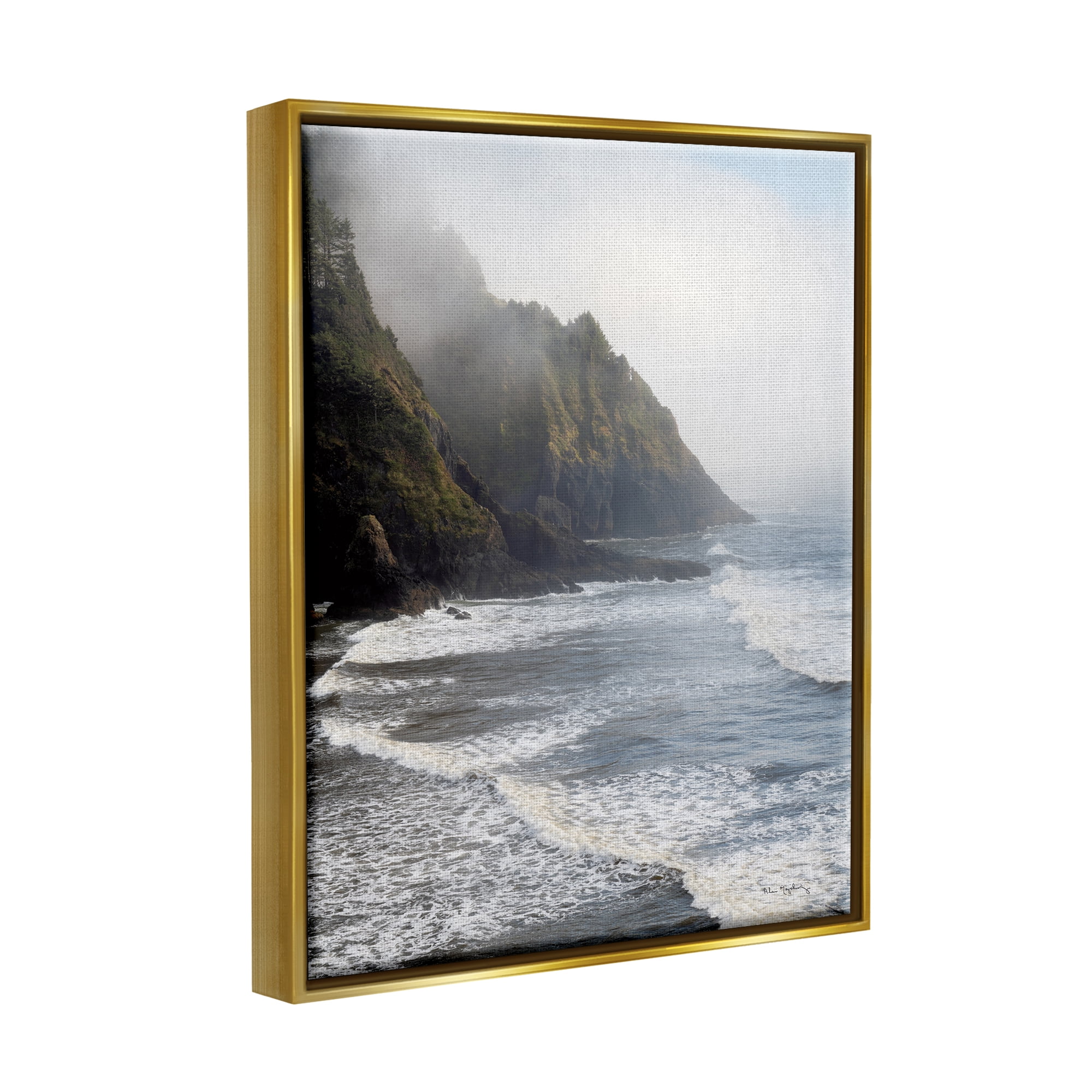 Stupell Industries Cliffside Sea Waves Landscape Nature Photography Gold Floater Framed Art Print Wall Art, 17 x 21
