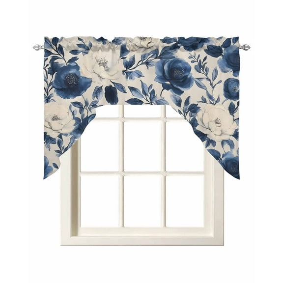 Navy Blue Beige Peony Kitchen Swag Valances for Windows, Vintage Floral Blossom Botanical Swag Valances Curtains for Living Room, Rod Pocket Window Treatments for Bathroom, Bedroom, Cafe, 56"x36"