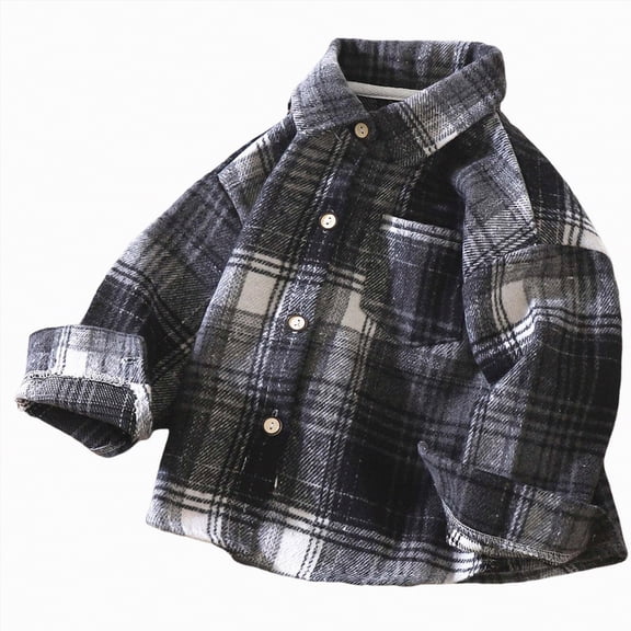 CAICJ98 Toddler Kids Flannel Shirt Jacket Plaid Long Sleeve Lapel Button Down Shacket Baby Fall Winter Coat for Boys Girls (Black,9-10 Years)
