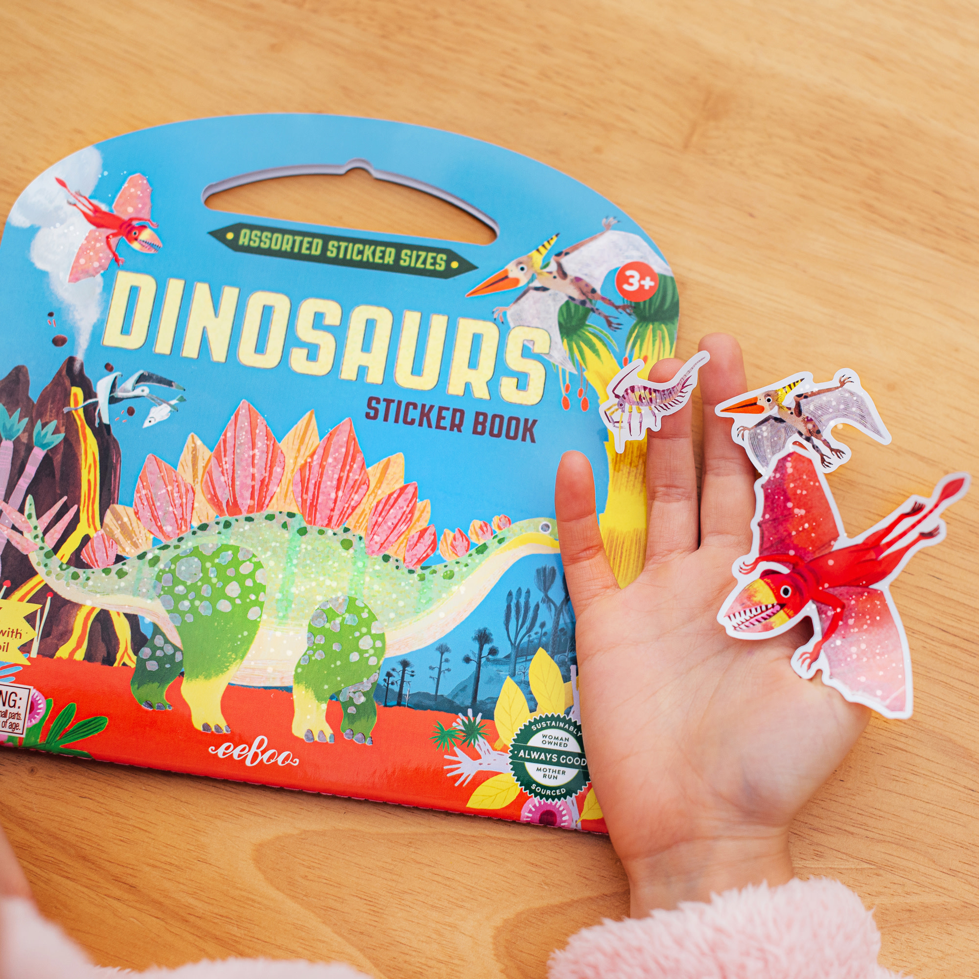 eeBoo: Dinosaur Shiny Sticker Book - 200+ Sparkling Stickers in 3 Sizes, Little-Big-Very Big, Carry Handle, Rainbow Foil, Kids Ages 3+