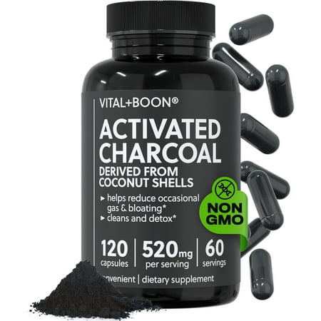 Vital+Boon Activated Charcoal Capsules for Stomach, Gas, and Bloating Relief, 120 Count
