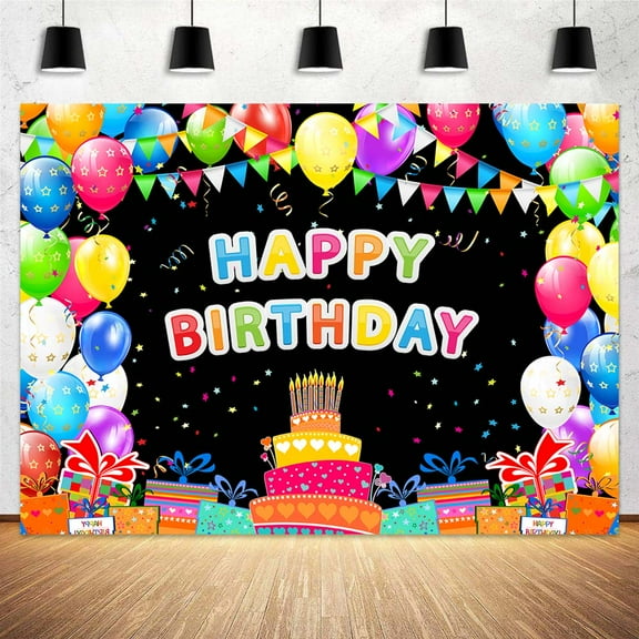 Happy Birthday Party Banner Backdrop, Boys Girls Colorful Balloons Black Birthday Party Decorations Backdrop, Cartoon Cake Background for Children Birthday Party Celebrate Banner Props 7X5ft