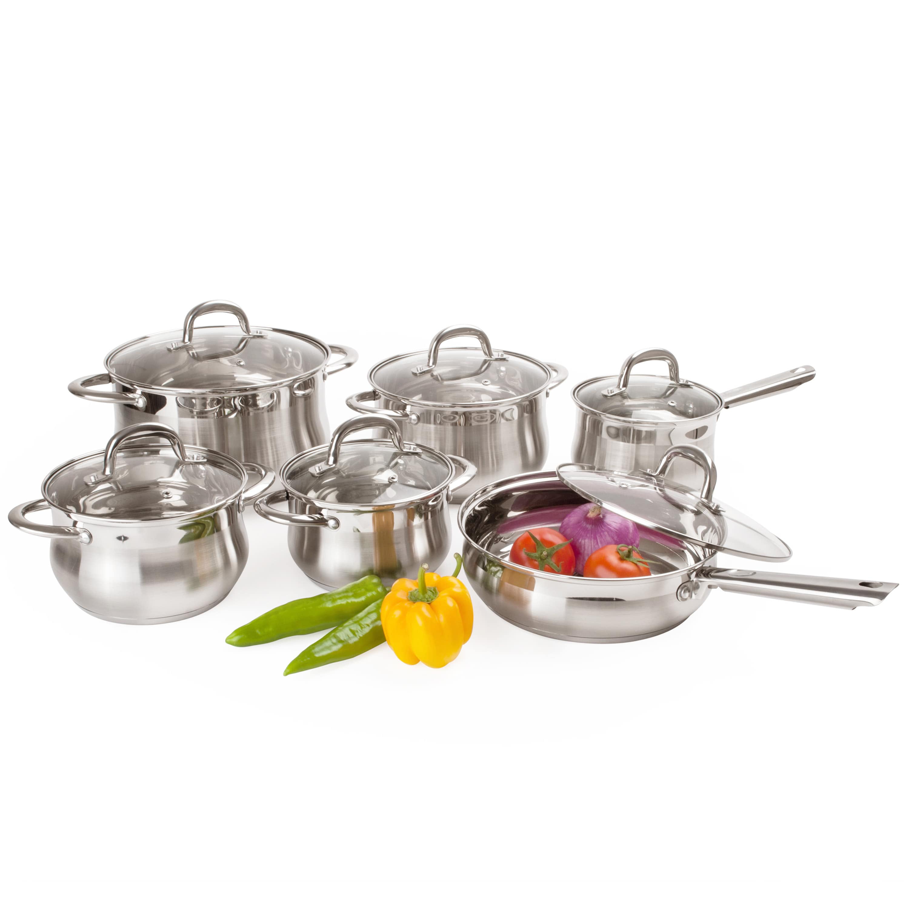 Cookware Battery 12 Piece Set Stainless Steel Pans with Lids Kitchen 