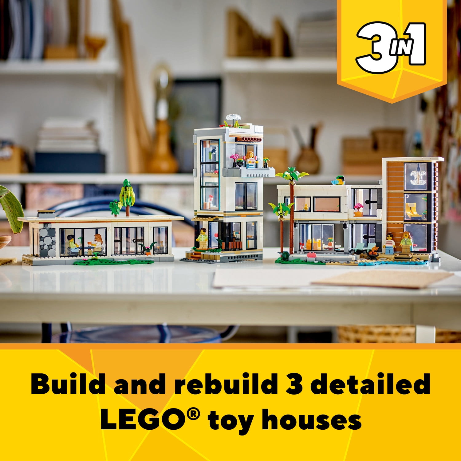 LEGO Creator 3 in 1 Modern House Toy to 3-Story City Building to Forest Cabin, Model House Playset for Kids, Art Building Sets, Gift Idea for Boys and Girls Aged 9 and Up, 31153