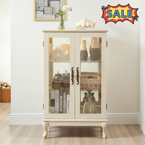 Tcbosik Modern Curio Cabinet with Lights and Glass Doors, Display Cabinet with Adjustable Shelves, Storage Cabinet for Living Room, White