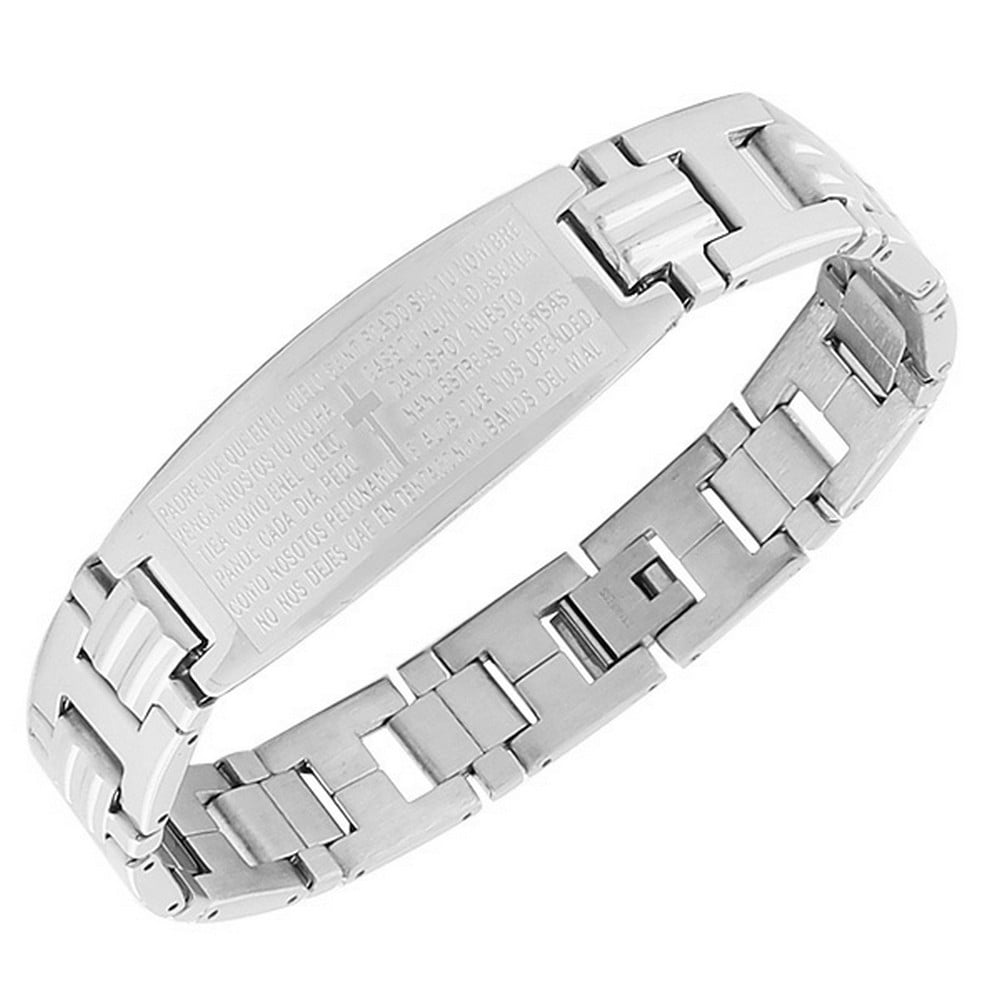 Stainless Steel Silver-Tone Religious Cross Lords Prayer Men's Chain Bracelet