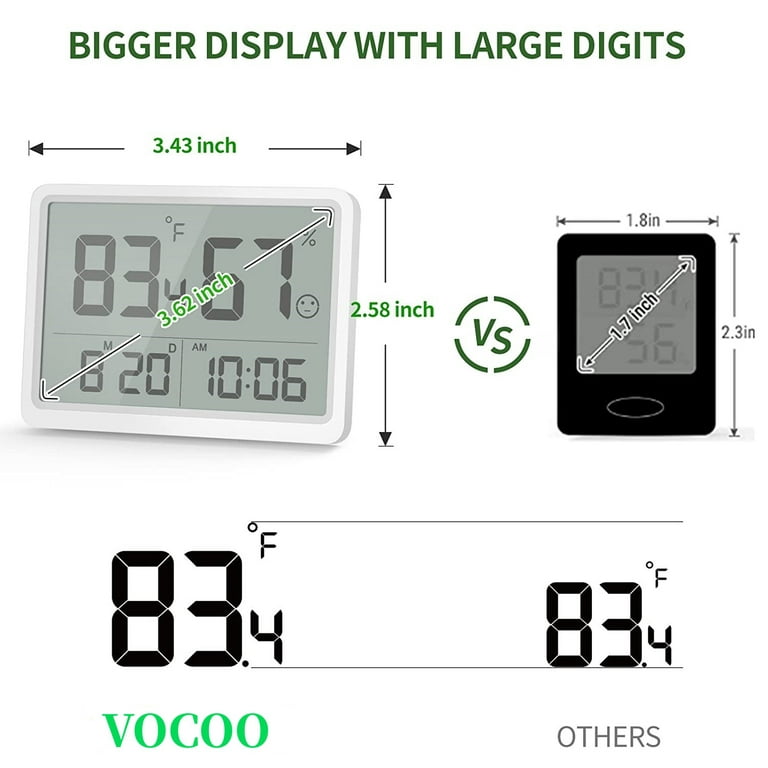 Vocoo Digital Thermometer Hygrometer,Room Calibrated Humidity Meter Temperature Humidity Monitor Indicator Sensor LCD Display with Large Digital Date