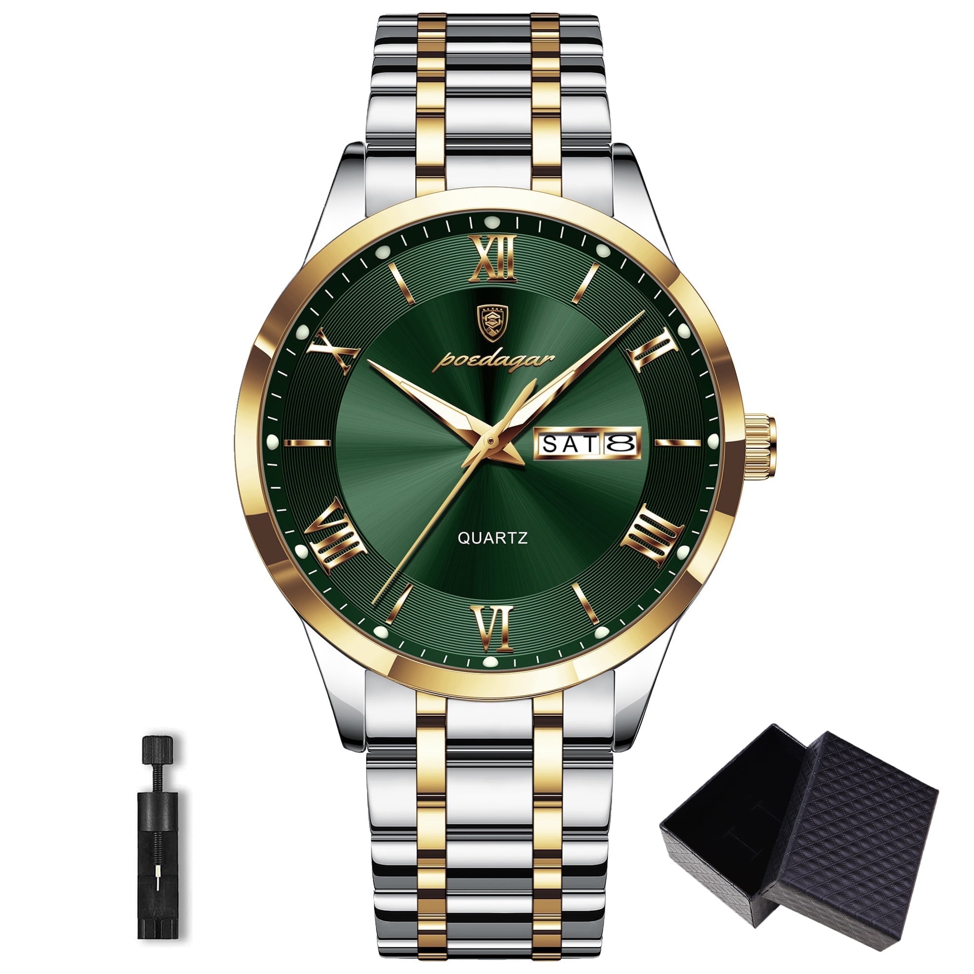 POEDAGAR Fashion Stainless Steel Men's Quartz Watches Waterproof Luminous Week Date Sports Man Wrist Watch