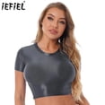 thumbnail image 2 of Camiseta de manga corta brillante con aceite para mujer, top corto de color liso, cuello redondo, corte ajustado, blusa con el ombligo al descubierto, camiseta para yoga y fitness, 2 of 5