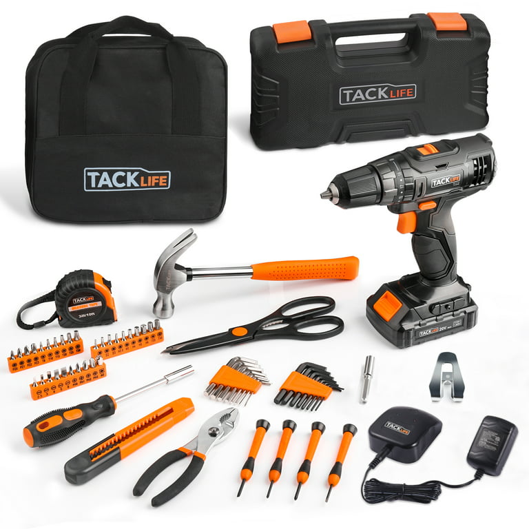 TACKLIFE 20V Cordless Electric Screwdriver with Home Tool Kit, 60Pcs Home  Repair Tool Accessories, 2-Speed 20V Hammer Drill Tool Kit with Carry Case,  PHK06B 