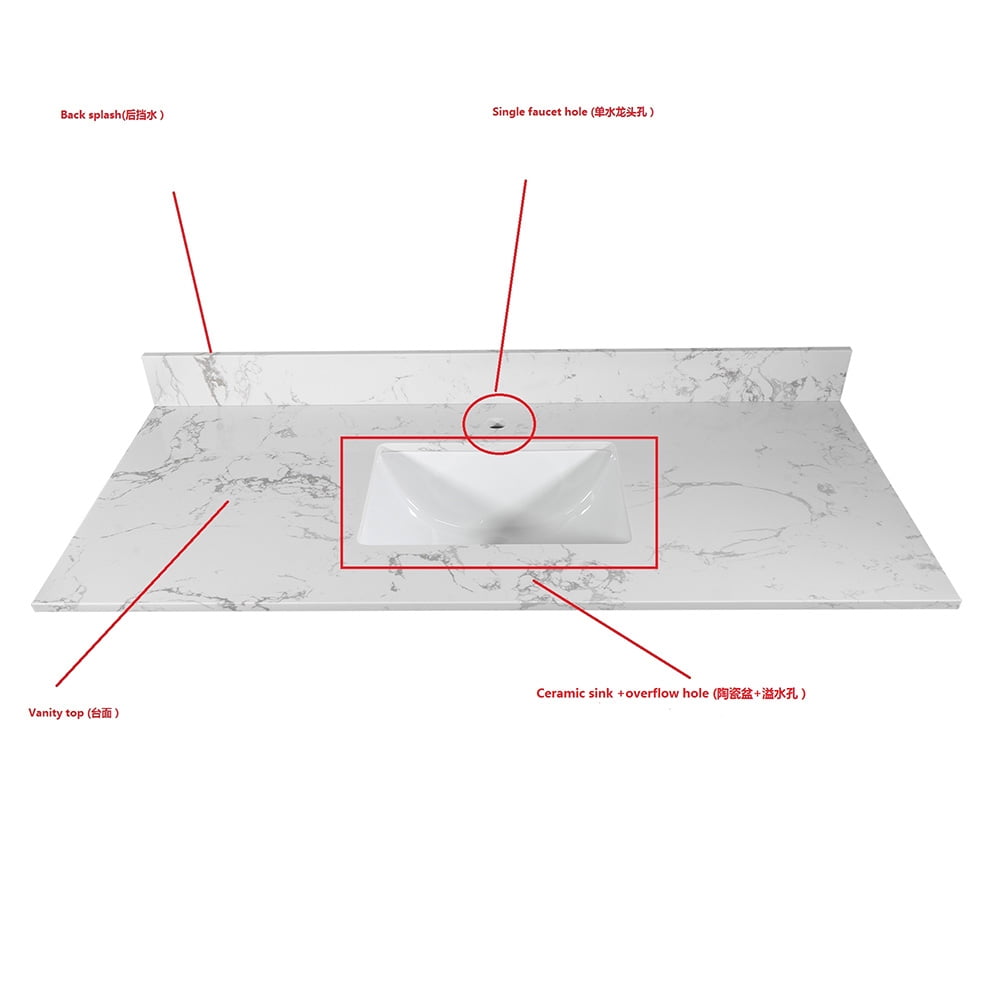 Private Jungle 43"x22" Marble Vanity Top with Under Mount Rectangle Bowl, Single Faucet Hole, White Private Jungle 43"x22" Marble Vanity Top with Under Mount Rectangle Bowl, Single Faucet Hole, White