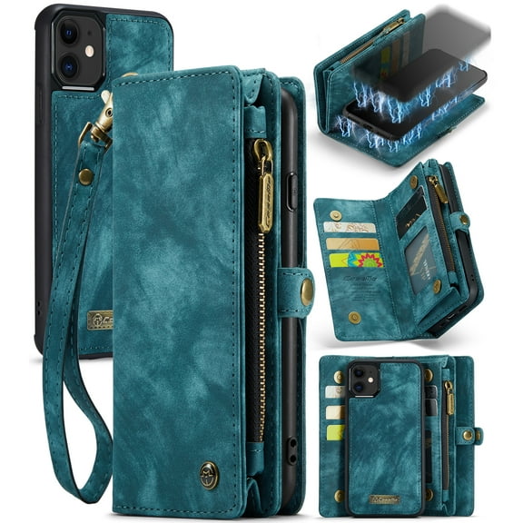 Durable 2-In-1 Magnetic Detachable Wallet Case for iPhone 11,for Women Men,Premium PU Leather Zipper Pocket Flip Multi Card Slots Purse Phone Case with Wrist Strap,Green