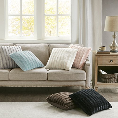 Madison Park Duke Faux Fur Stripe Textured Ultra Soft Luxury Square Decorative Throw Pillows for Couch Bed with Insert, 20X20 Inches Blue