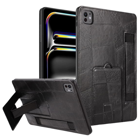 ELEHOLD Premium Leather Hand Strap Kickstand Shock Absorbent Protective Case for iPad Air 11" (M4)2026/(M3)2025/ (M2)2024/Air 4/Air 5 & iPad Pro 11" 2022/2021/2020/2018, Black