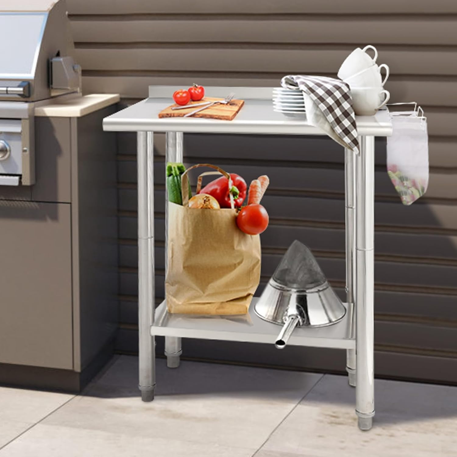 Tuekys Stainless Steel Table with Hooks,Metal Prep Table with Backsplash & Adjustable Undershelf,Curved Edge,Heavy Duty Food Prep Worktable for Home
