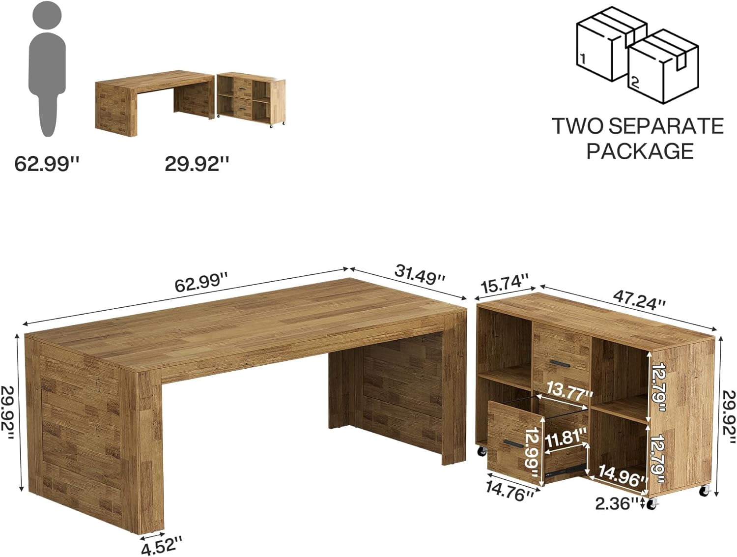 Tribesigns 63" L Shaped Desk with Storage, Executive Office Desk with Rolling File Cabinet Combo, Business Furniture Set for Home Office, Brown