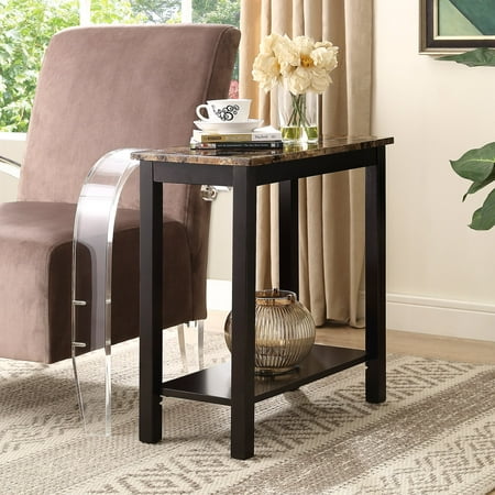 Mahogany Finish Beige Marble - Roundhill Lediyana Faux Marble Top Side Table in Espresso Finish