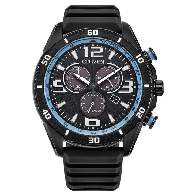 citizen reloj brycen para hombre con esfera negra - at2587-02e cronógrafo deportivo con caja de acero inoxidable y correa de silicona negra; vista frontal centrada de esfera negra texturizada con tres subesferas, índices y numerales arábigos grandes, aro interior azul en el bisel, corona y dos pulsadores en el lado derecho, fechador entre 4 y 5, marca Citizen visible, resistente al agua 10 ATM (100 m).