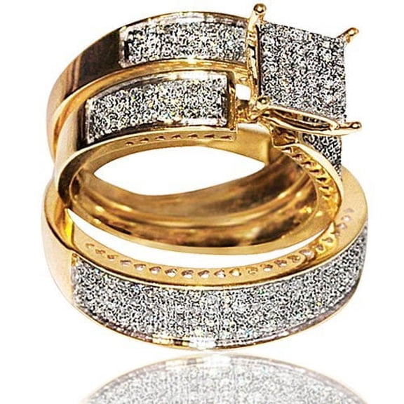 1cttw Diamond Yellow Gold Trio Wedding Set His and Her Rings Set (I2, I/j)